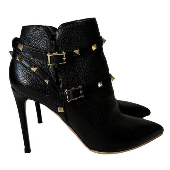 Valentino Garavani Black Pebbled Leather Rockstud Ankle Boots Size 40 Gold Studs - Picture 2 of 14